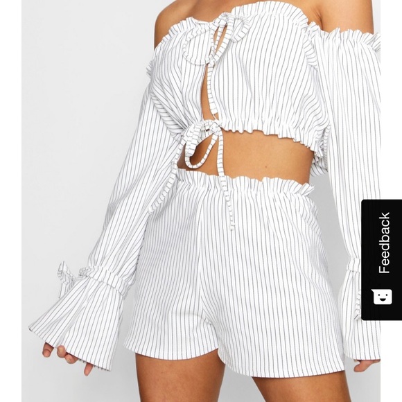 Boohoo Tops - Boohoo Blue White Stripe Bardot Off Shoulder Top